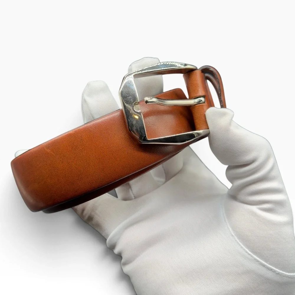 Canali Mens Leather Belt Cognac Brown Silver Buckle Made in Italy Size 90/105